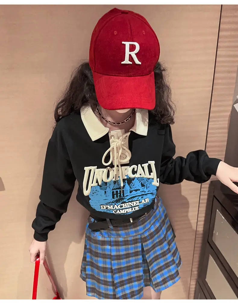Girls Plaid Shorts Suit Blue White Belted Large — feature 16