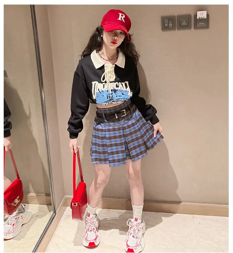 Girls Plaid Shorts Suit Blue White Belted Large — feature 17
