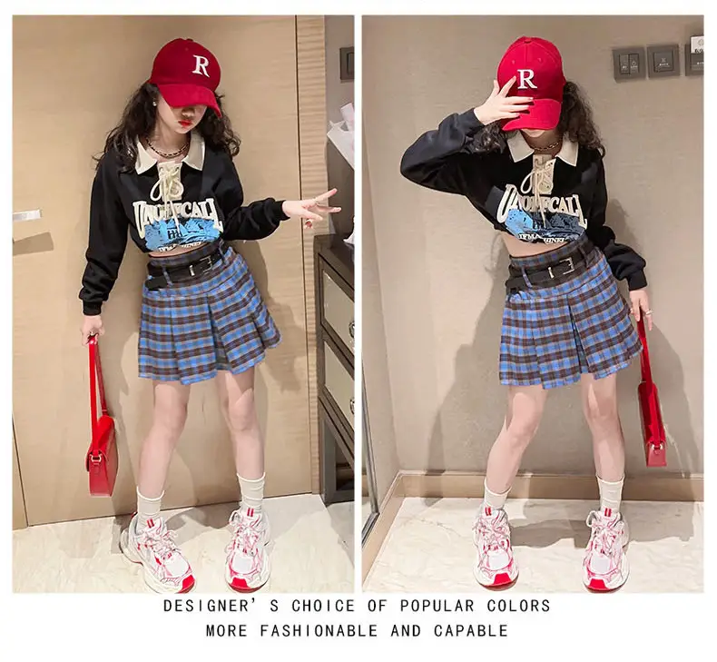 Girls Plaid Shorts Suit Blue White Belted Large — feature 18