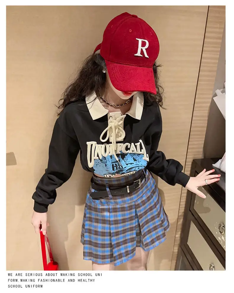 Girls Plaid Shorts Suit Blue White Belted Large — feature 19