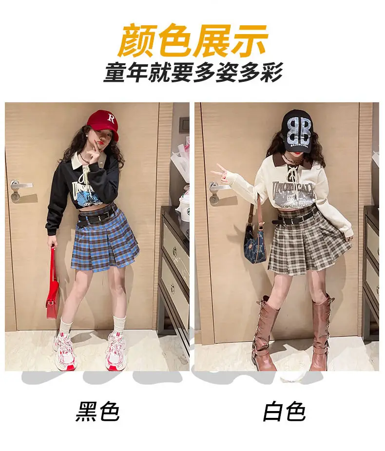 Girls Plaid Shorts Suit Blue White Belted Large — feature 2