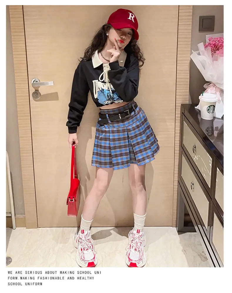 Girls Plaid Shorts Suit Blue White Belted Large — feature 20