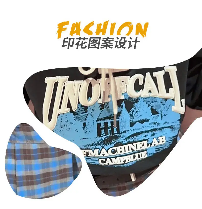 Girls Plaid Shorts Suit Blue White Belted Large — feature 4