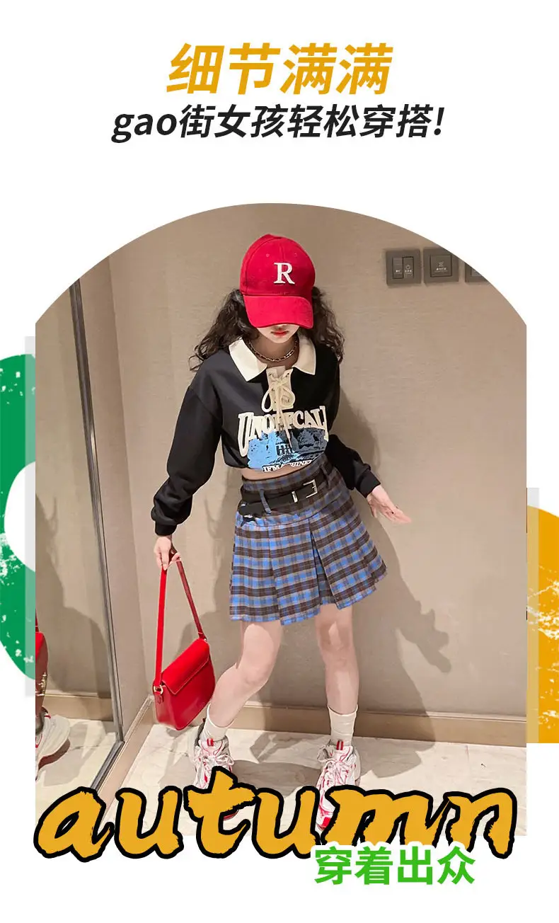Girls Plaid Shorts Suit Blue White Belted Large — feature 5
