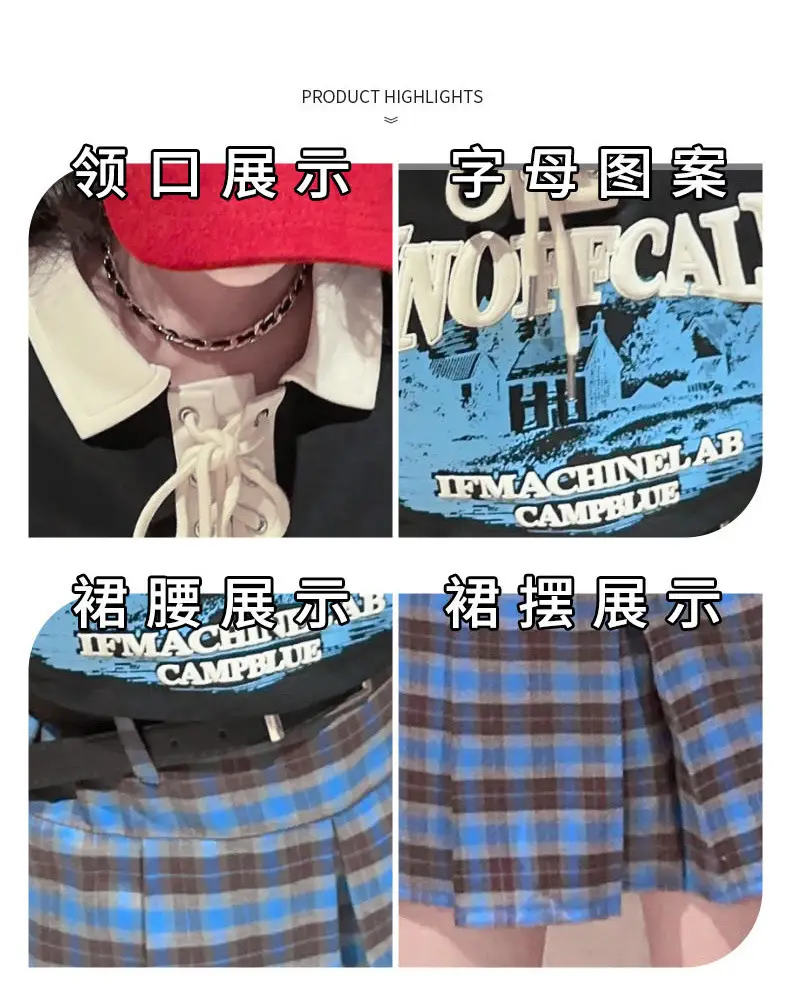 Girls Plaid Shorts Suit Blue White Belted Large — feature 6