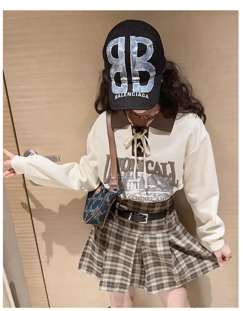 Girls Plaid Shorts Suit Blue White Belted Large — feature 9