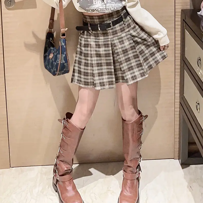 Girls Plaid Shorts Suit Blue White Belted Large - Image 3