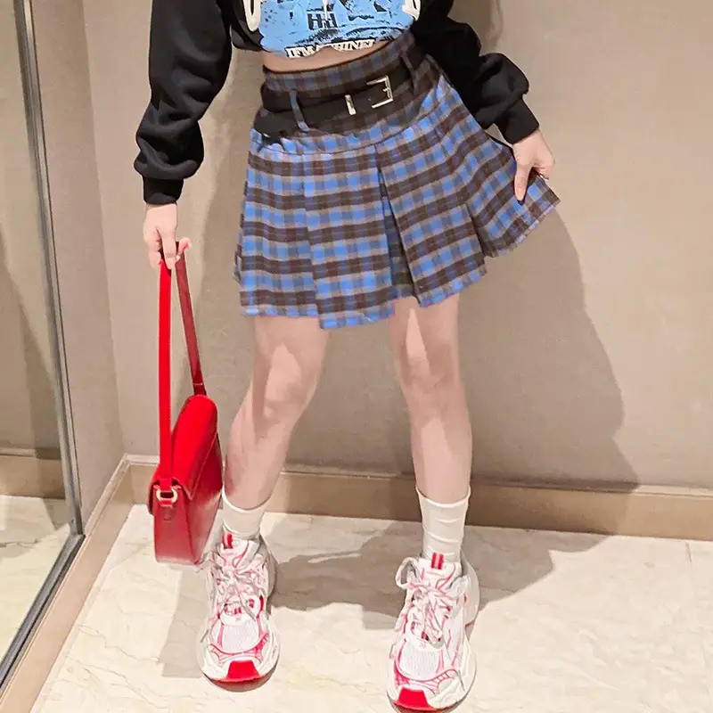 Girls Plaid Shorts Suit Blue White Belted Large - Image 4