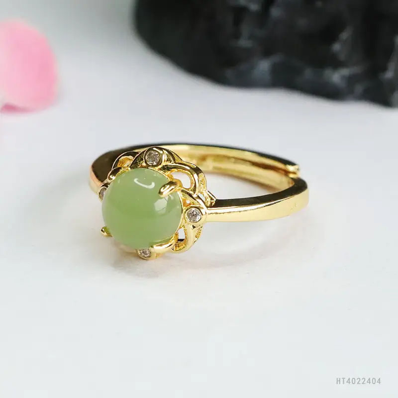 Guan Yu Jade Ring Green Crystal Gold Plated - Image 3