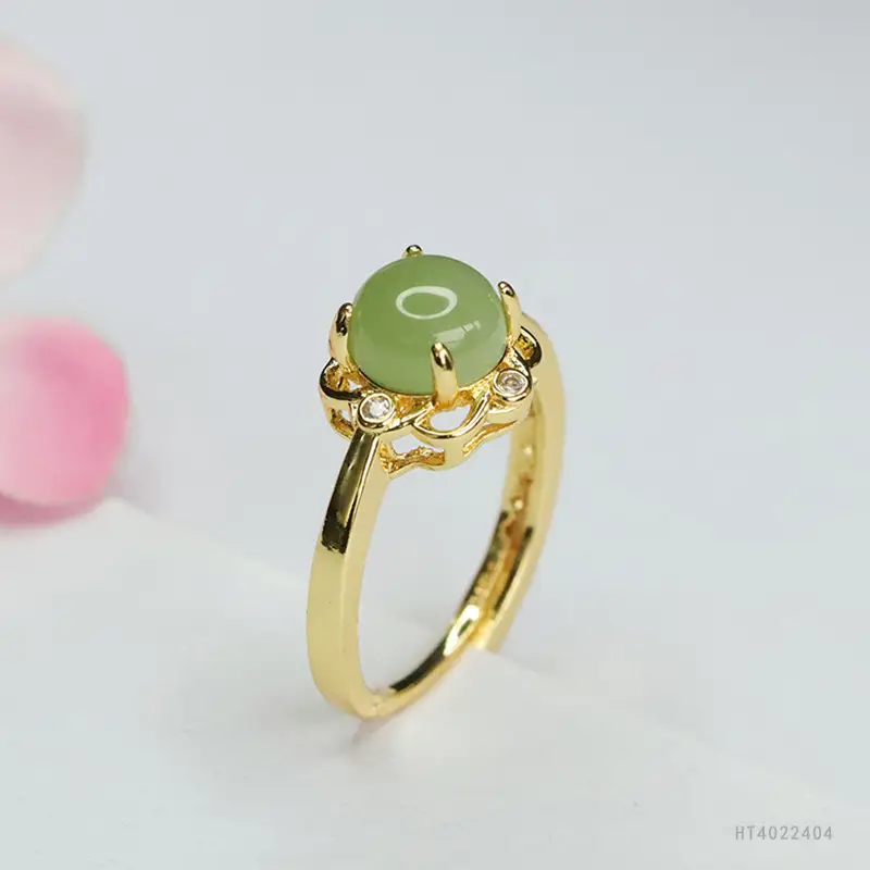 Guan Yu Jade Ring Green Crystal Gold Plated - Image 5