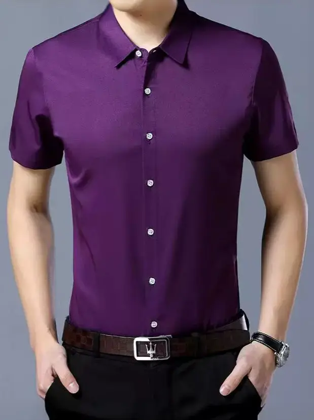 Purple Short-Sleeved Men's Shirt Slim Fit - Image 8