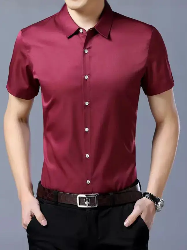 Purple Short-Sleeved Men's Shirt Slim Fit - Image 11