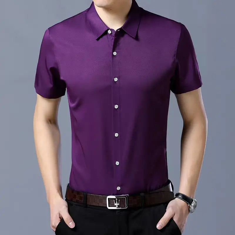 Purple Short-Sleeved Men's Shirt Slim Fit - Image 4