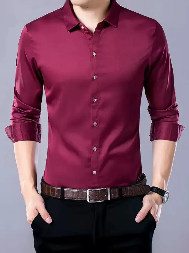 Men's Maroon Long Sleeve Slim Fit Shirt