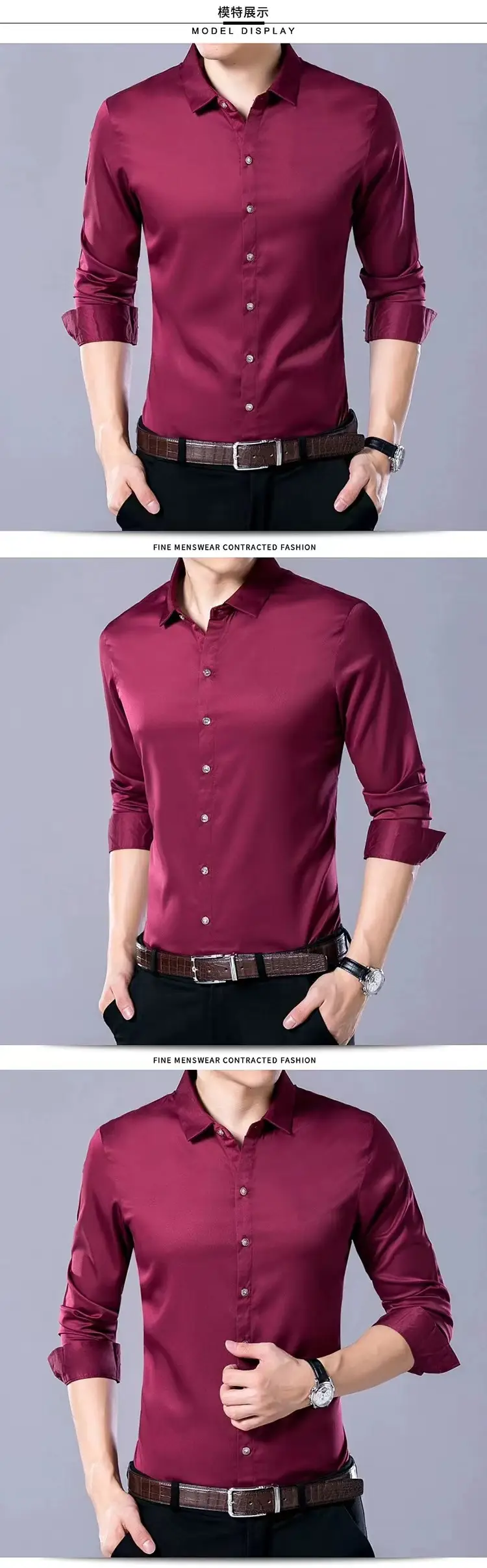 Men's Maroon Long Sleeve Slim Fit Shirt — feature 10