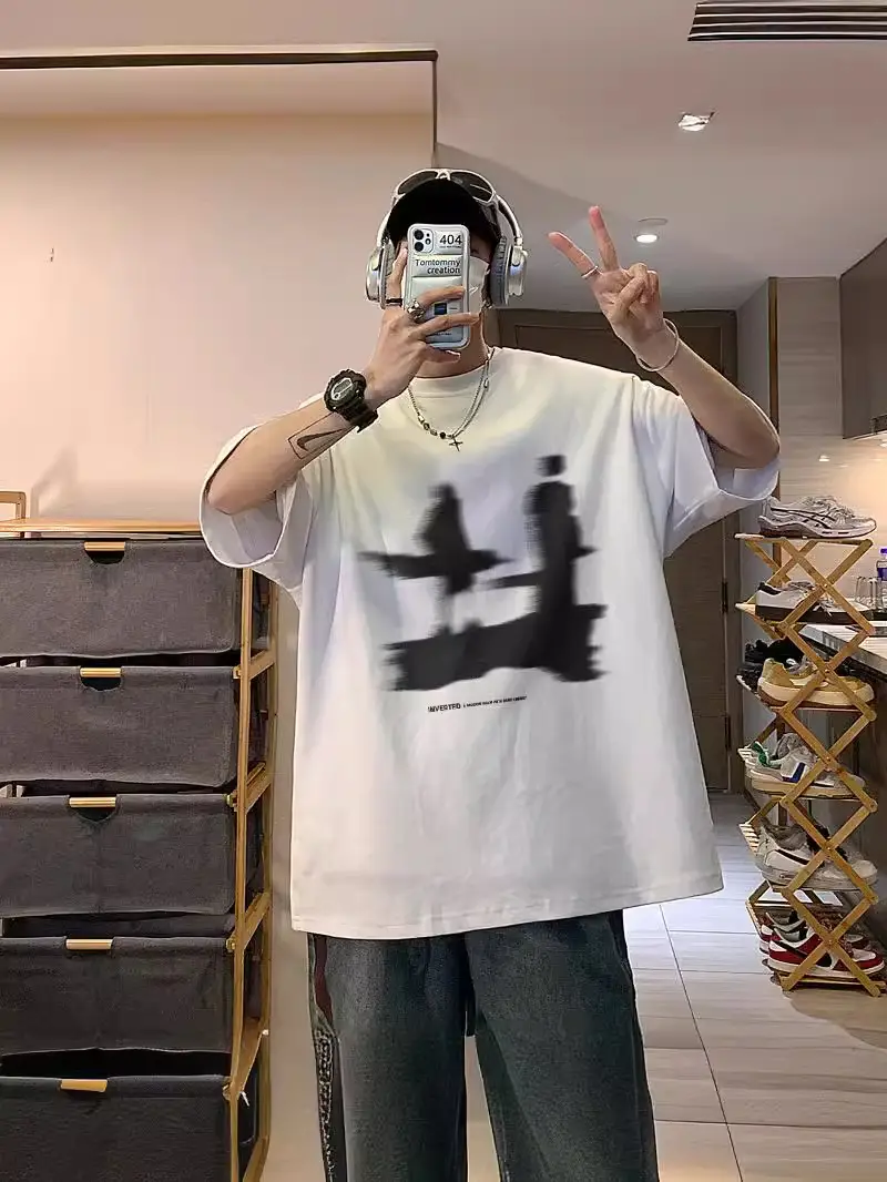 Men's White Graphic T-Shirt American Style Loose Fit