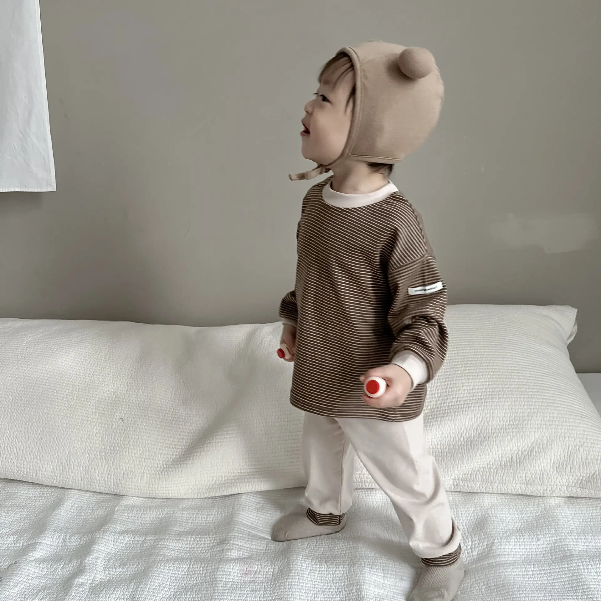 Kids Korean Style Brown Striped T-Shirt & Pants Suit - Image 6