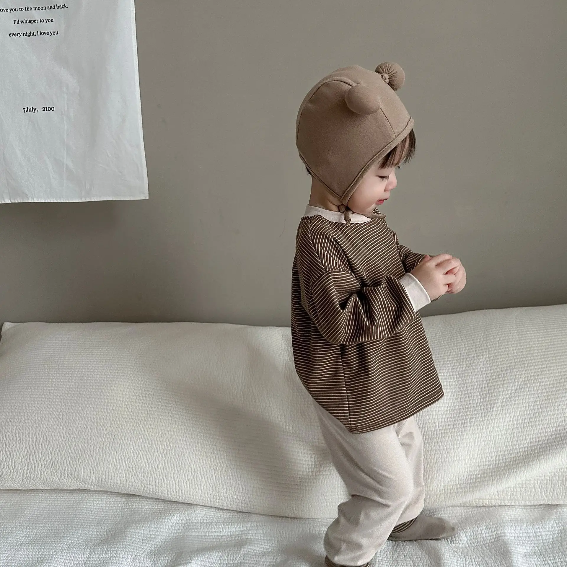 Kids Korean Style Brown Striped T-Shirt & Pants Suit - Image 7