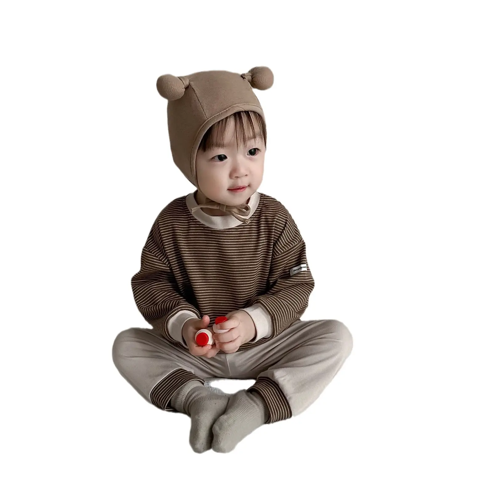 Kids Korean Style Brown Striped T-Shirt & Pants Suit - Image 8