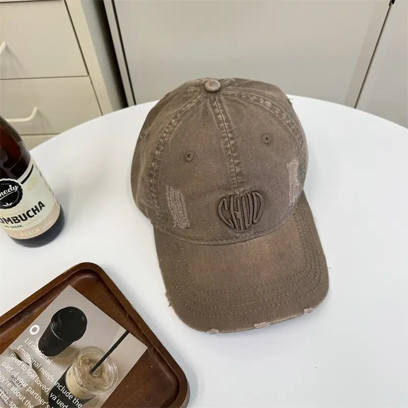 Women Retro Distressed Embroidered Baseball Cap Beige - Image 5