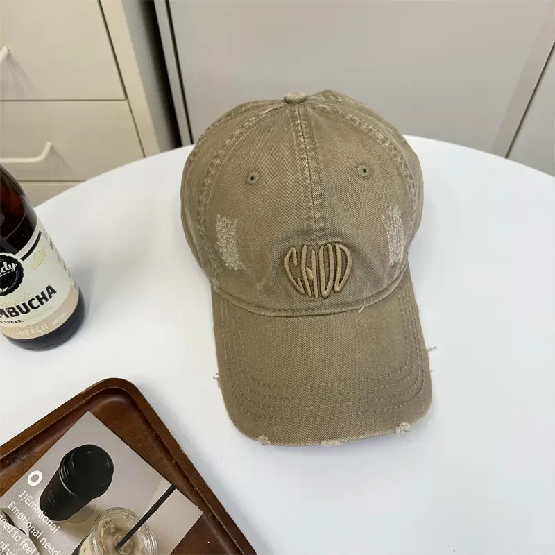 Women Retro Distressed Embroidered Baseball Cap Beige - Image 7