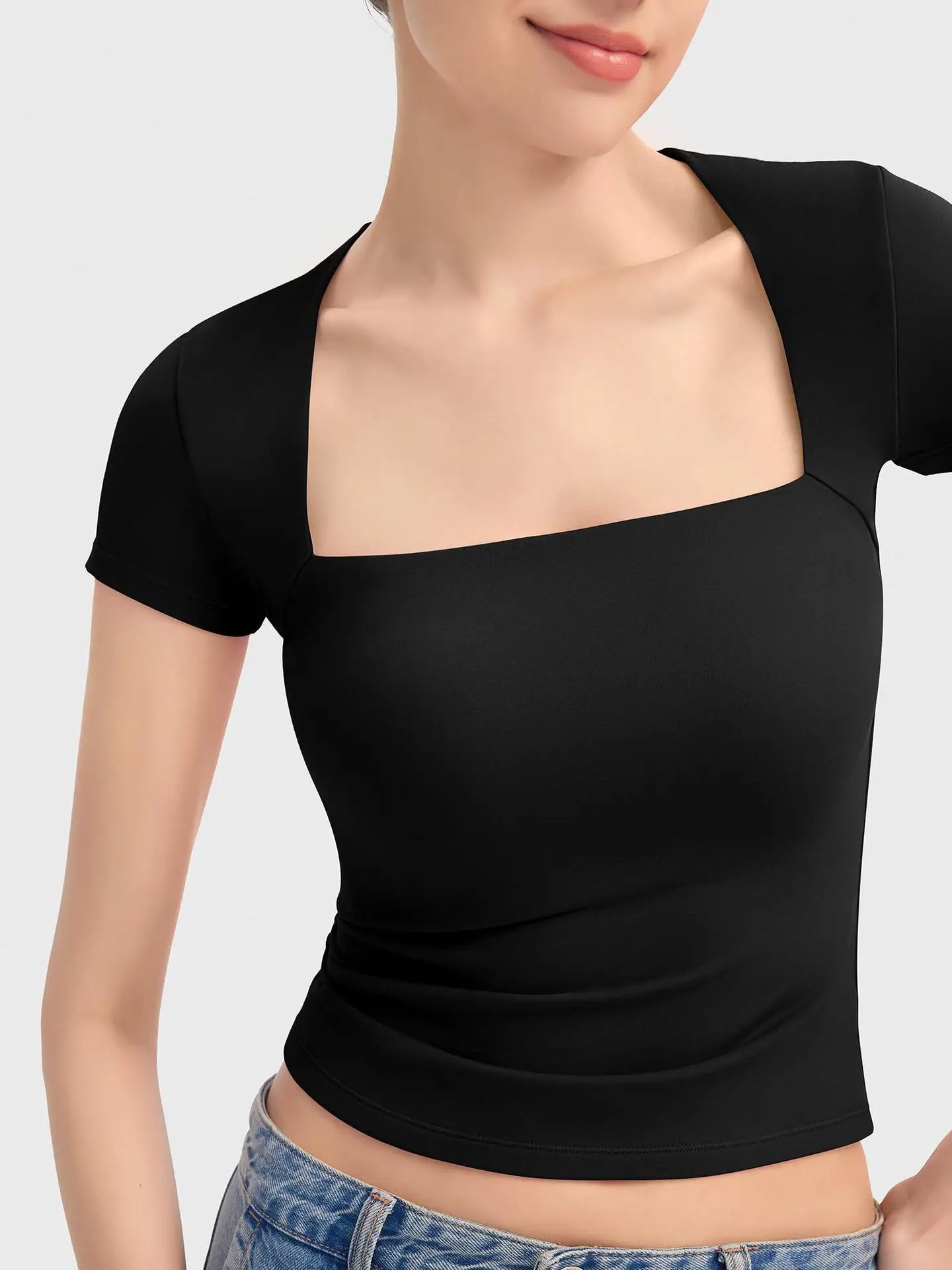 Women's White Square Neck Low Cut T-Shirt Short Sleeve