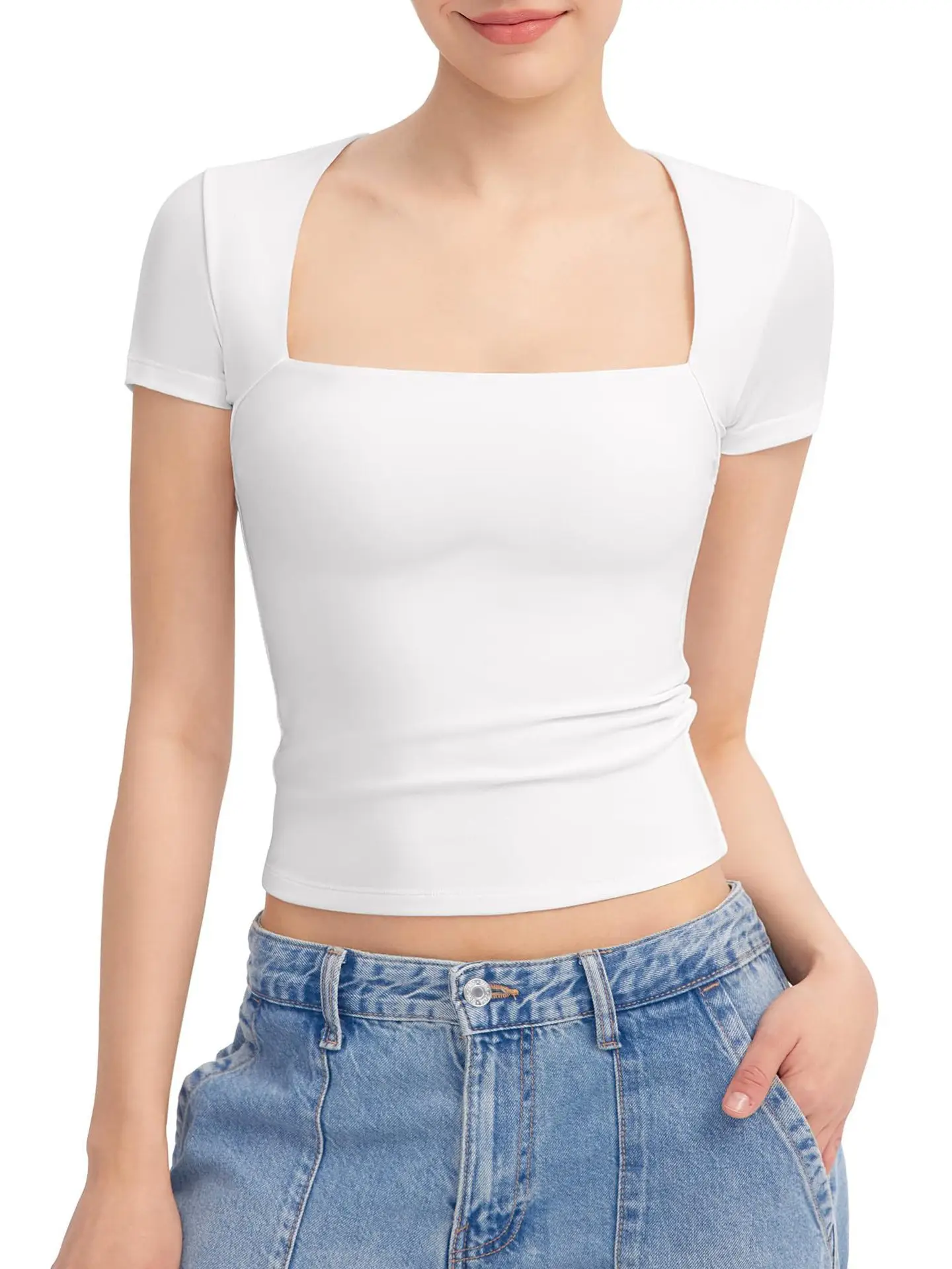 Women's White Square Neck Low Cut T-Shirt Short Sleeve