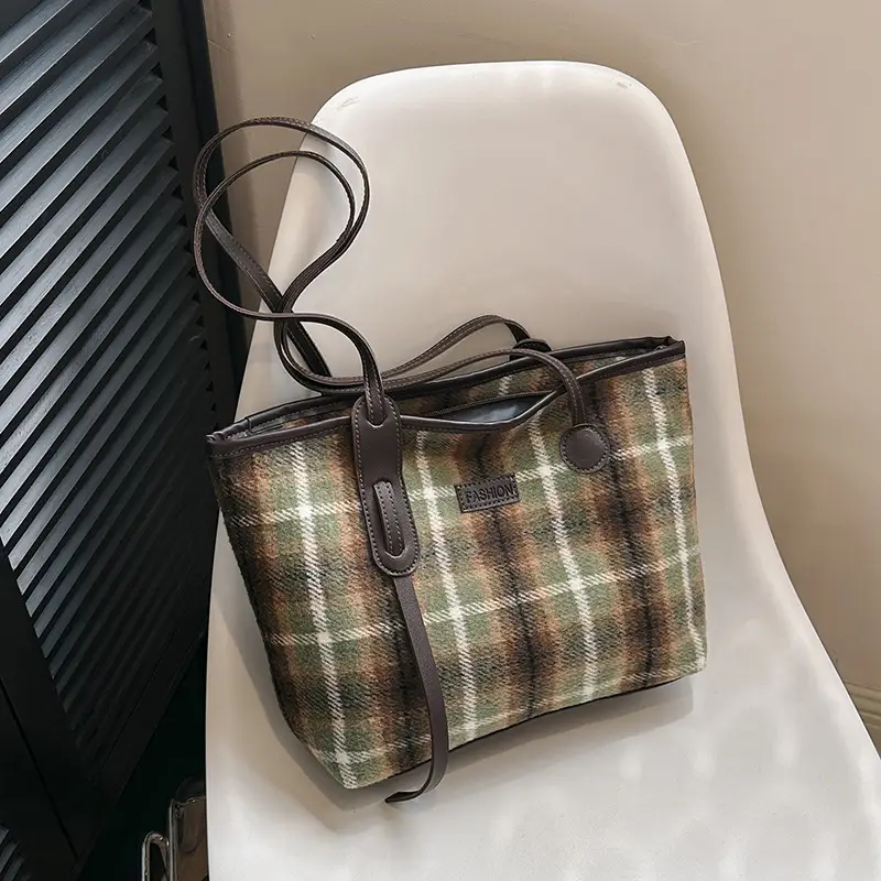 Women Plaid Wool Shoulder Bag 2024 Spring Western Style - Image 6