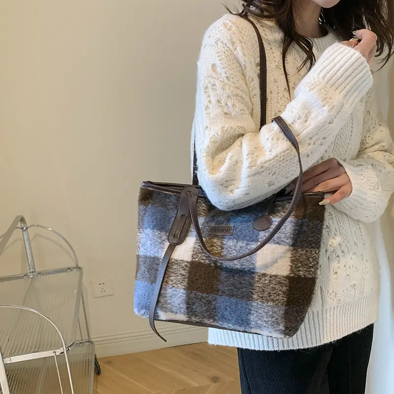 Women Plaid Wool Shoulder Bag 2024 Spring Western Style - Image 7