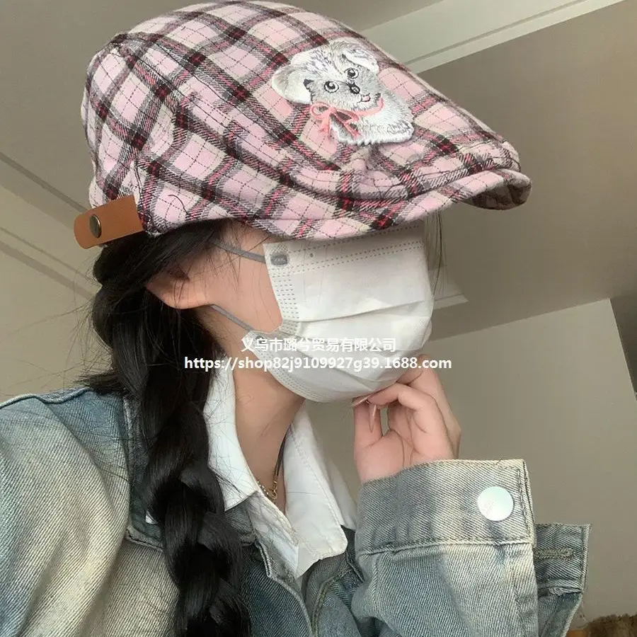 Japanese Plaid Poodle Hat with Embroidered Face Design - Image 2