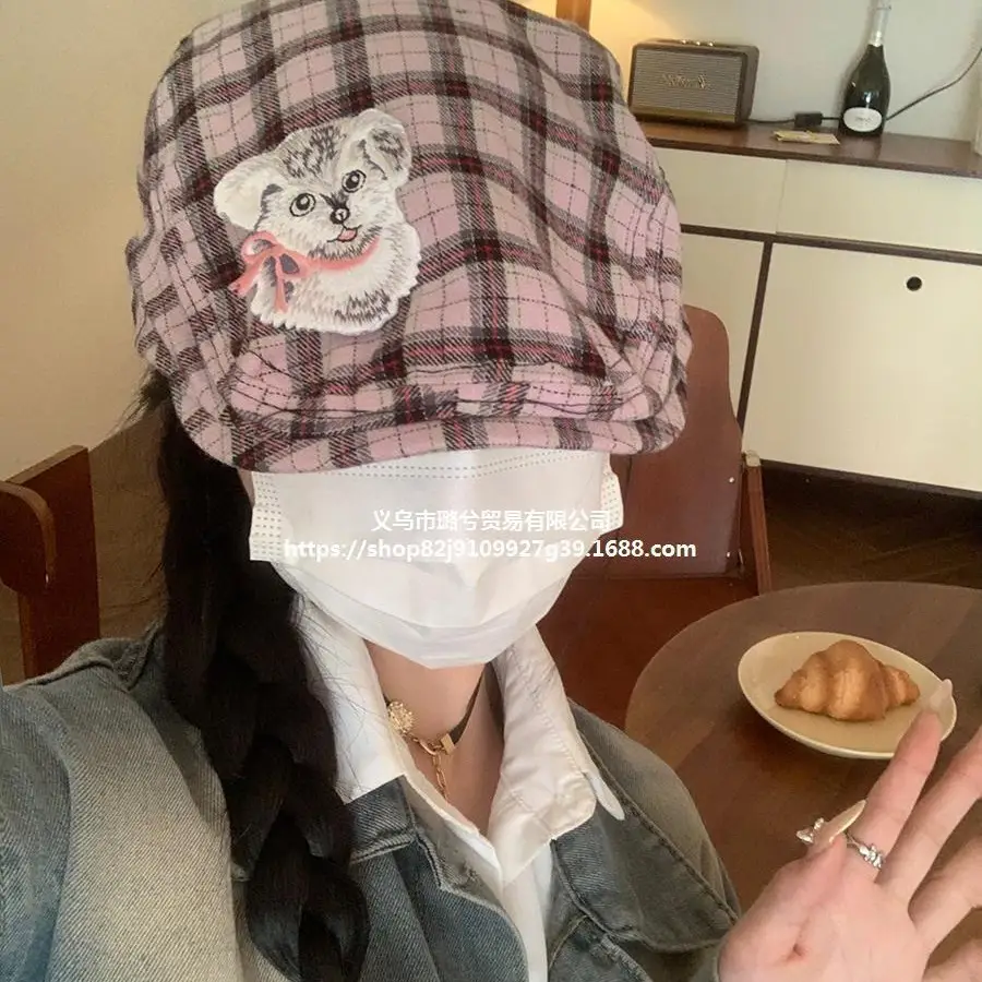 Japanese Plaid Poodle Hat with Embroidered Face Design - Image 3