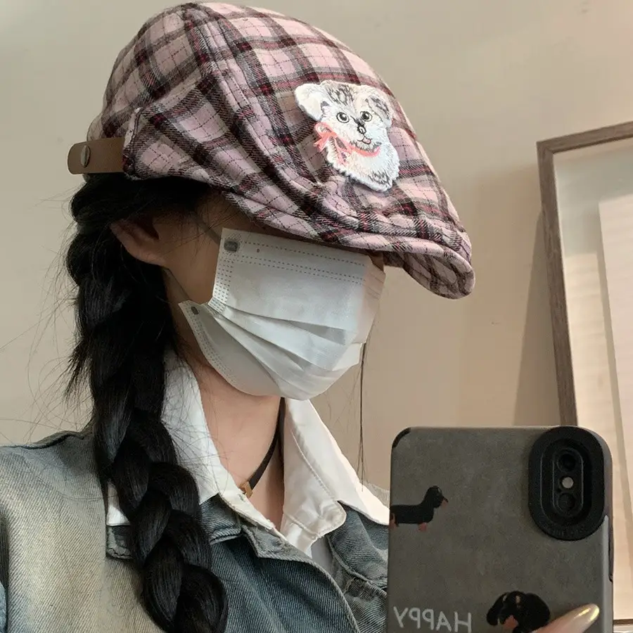 Japanese Plaid Poodle Hat with Embroidered Face Design - Image 4