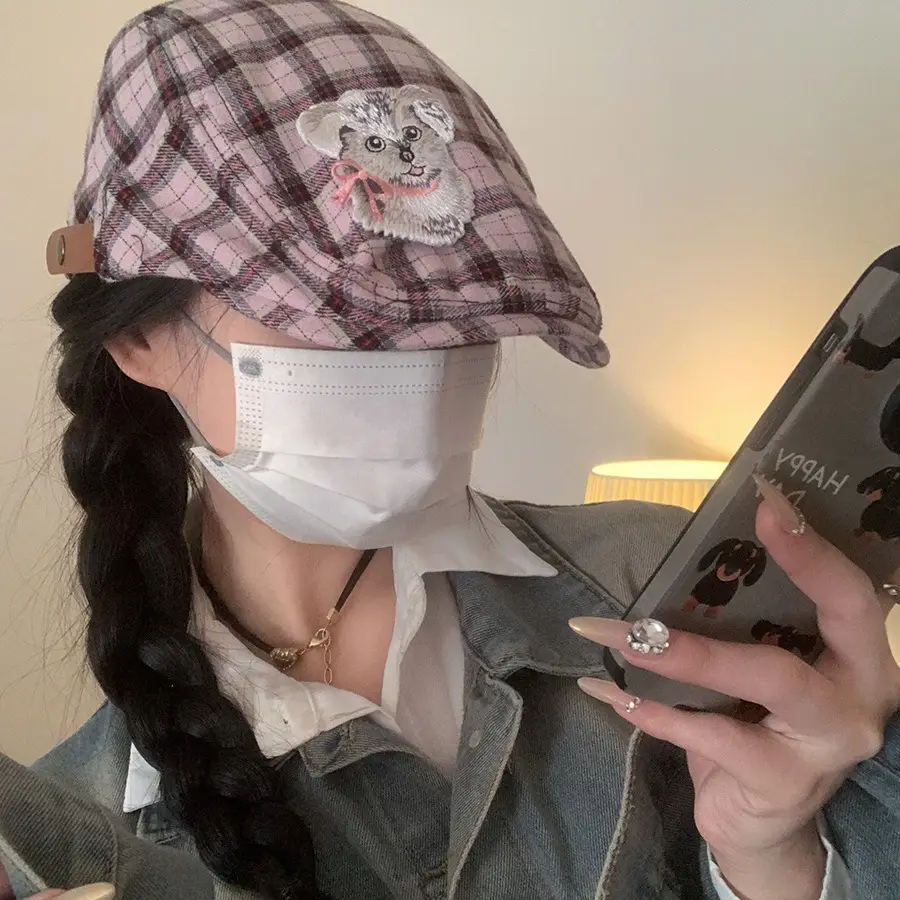 Japanese Plaid Poodle Hat with Embroidered Face Design - Image 5