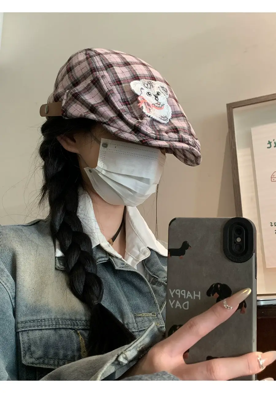 Japanese Plaid Poodle Hat with Embroidered Face Design — feature 10