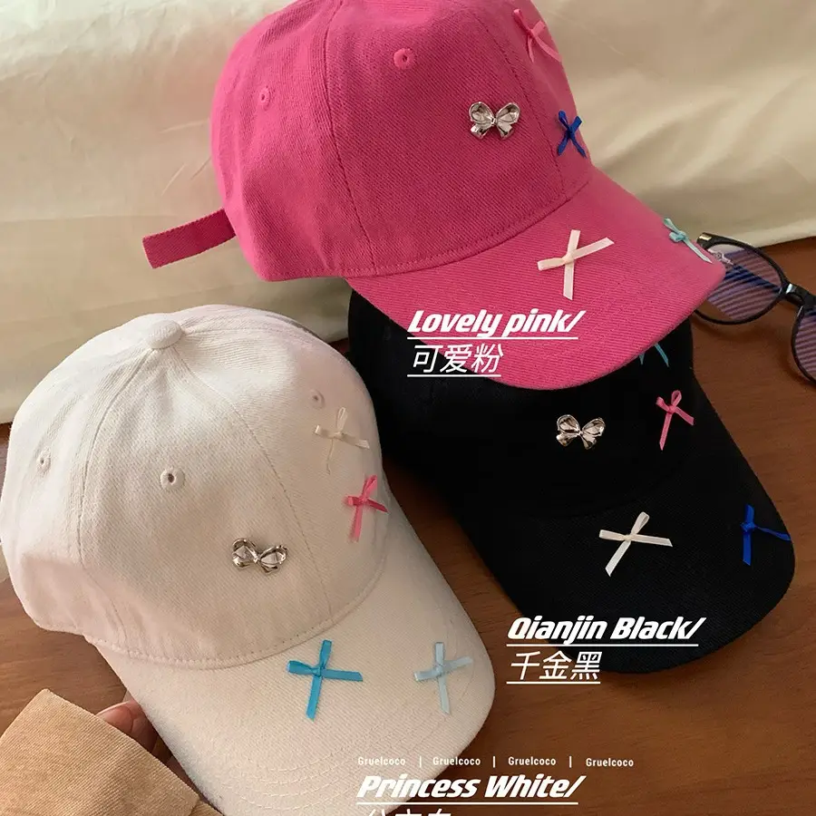 Cute Bow Baseball Caps for Girls Pink White Black