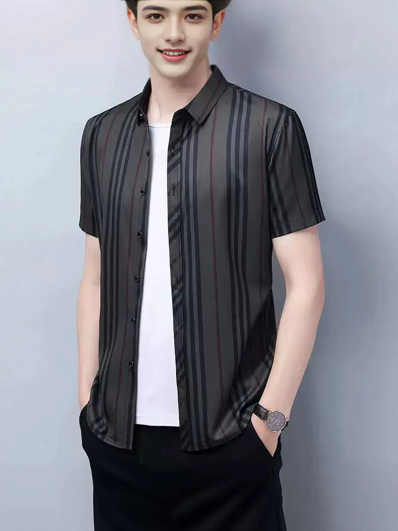 Men Striped Lapel Shirt Dark Summer Business Casual - Image 4
