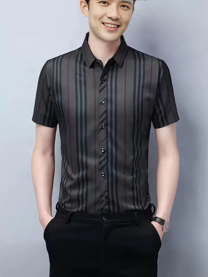 Men Striped Lapel Shirt Dark Summer Business Casual - Image 5