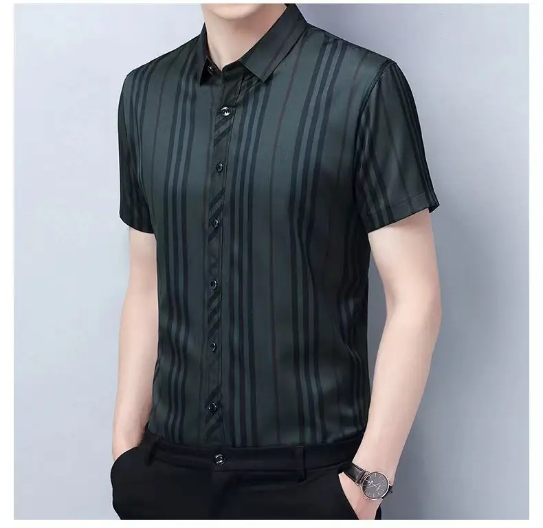 Men Striped Lapel Shirt Dark Summer Business Casual — feature 10