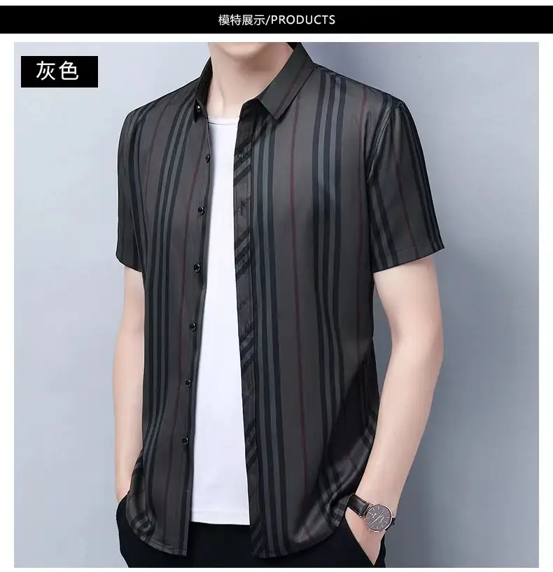 Men Striped Lapel Shirt Dark Summer Business Casual — feature 11