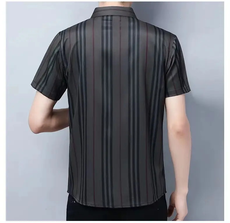 Men Striped Lapel Shirt Dark Summer Business Casual — feature 12