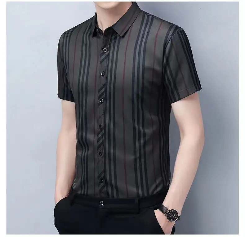 Men Striped Lapel Shirt Dark Summer Business Casual — feature 13