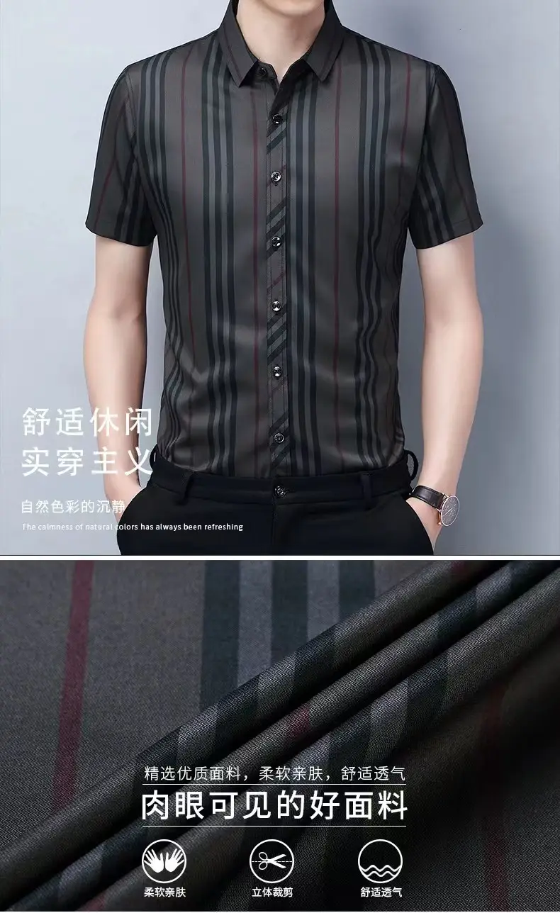 Men Striped Lapel Shirt Dark Summer Business Casual — feature 4