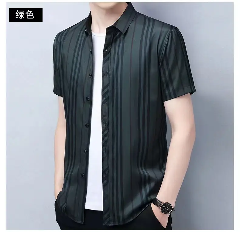 Men Striped Lapel Shirt Dark Summer Business Casual — feature 8