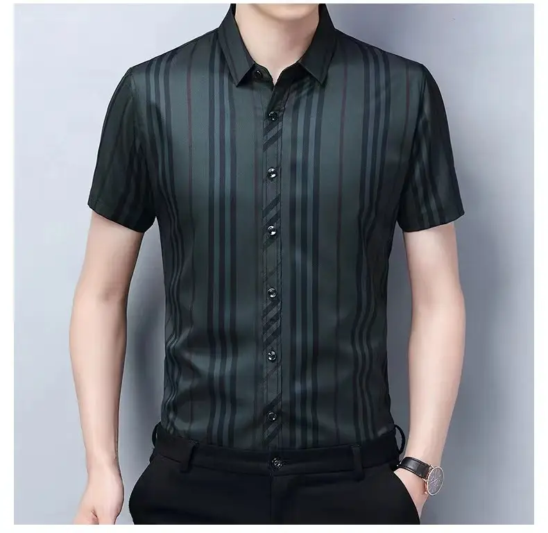Men Striped Lapel Shirt Dark Summer Business Casual — feature 9