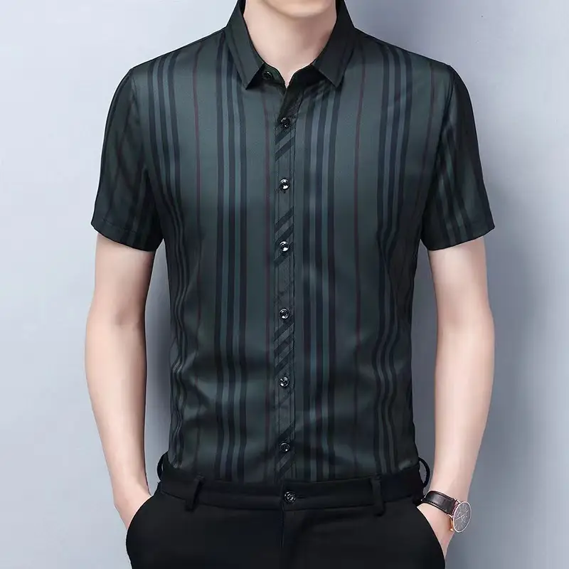 Men Striped Lapel Shirt Dark Summer Business Casual - Image 2