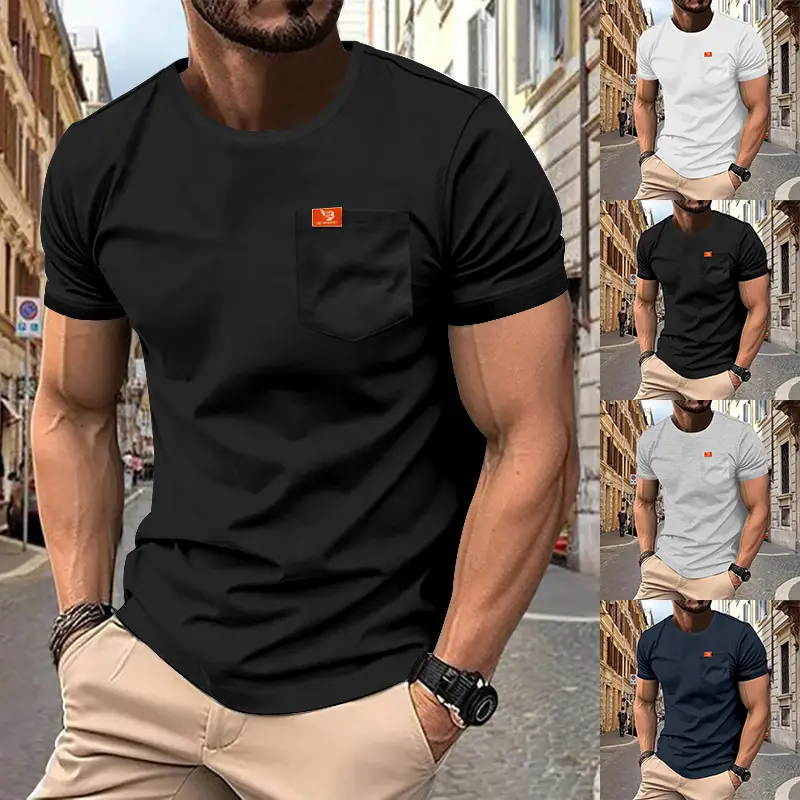 Men's White Cotton T-Shirt with Pocket & Logo — feature 4
