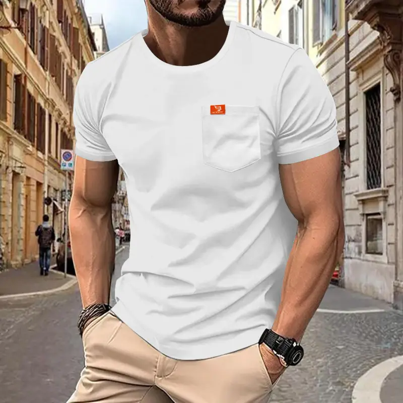 Men's White Cotton T-Shirt with Pocket & Logo — feature 7