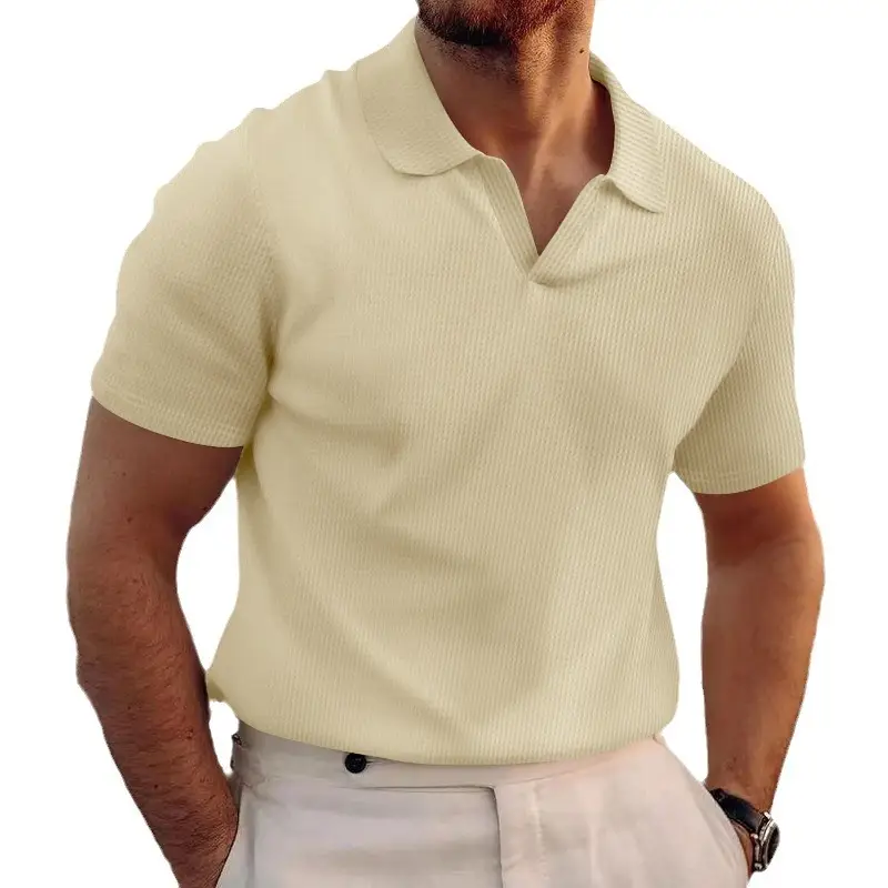 Men's Grey V-Neck Waffle Polo Shirt Short Sleeve - Image 10