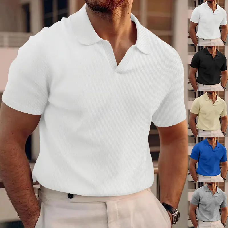 Men's Grey V-Neck Waffle Polo Shirt Short Sleeve — feature 3
