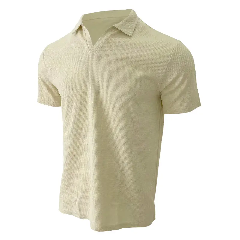 Men's Grey V-Neck Waffle Polo Shirt Short Sleeve — feature 35